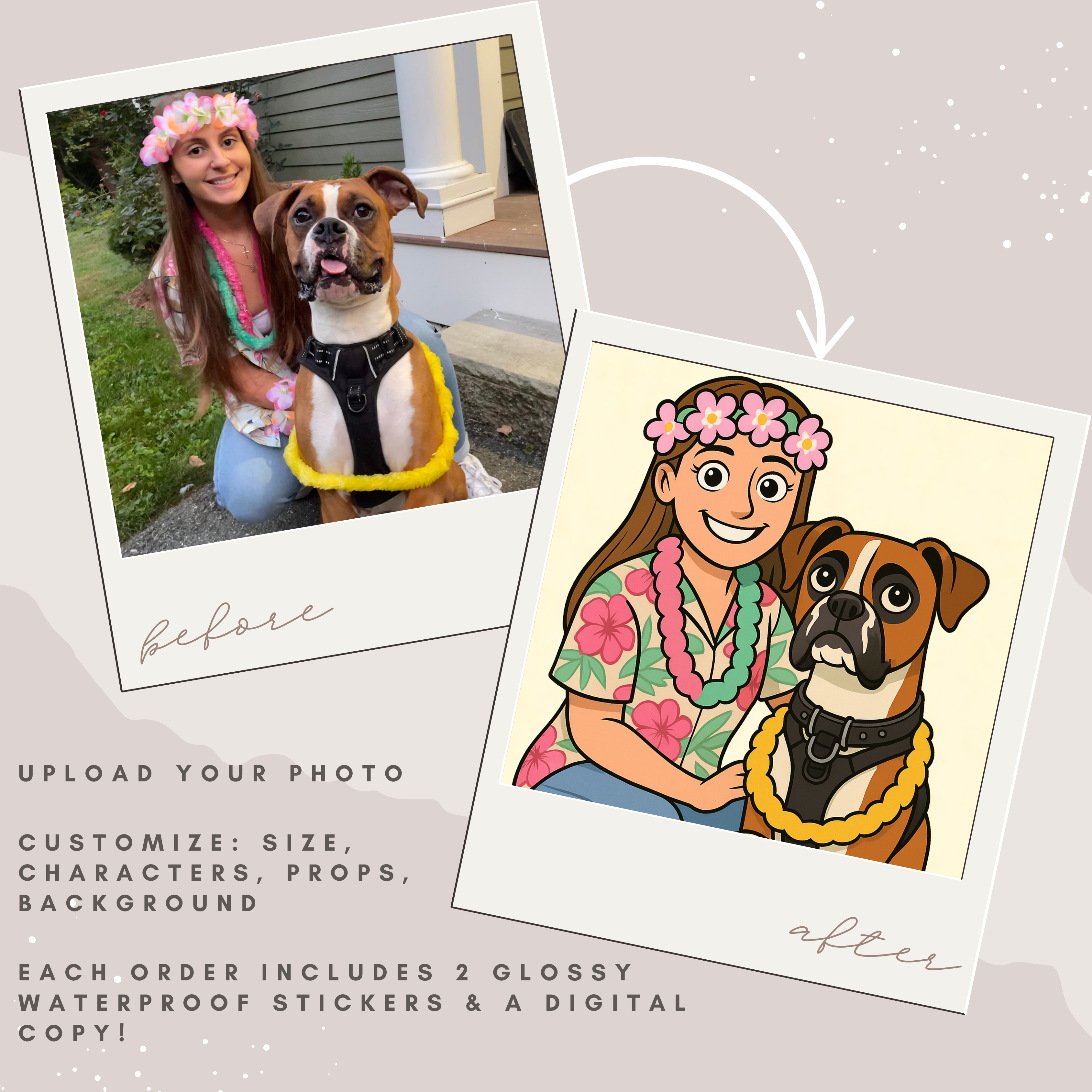 Personalized Cartoon Stickers From Your Photo – Custom Waterproof Glossy Stickers, 2 Pack + Digital Download